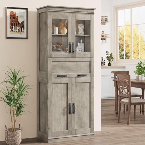 Garvee Armario de Cocina Alto de 170 x 60 x 30 cm, Mueble Auxiliar con 1 cajón y 4 Puertas, estantes Ajustables, Kit antivuelco, Armario de Almacenamiento para baño, Gris