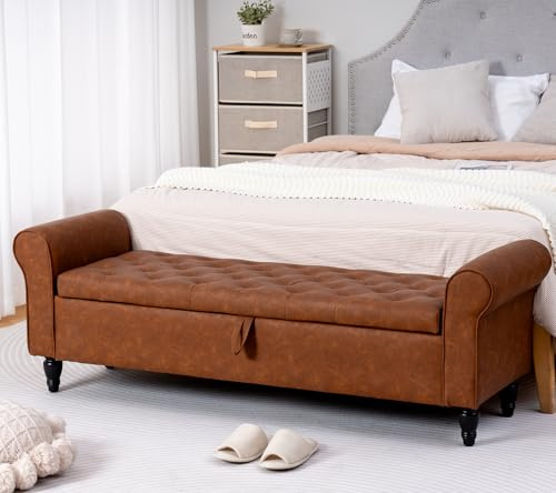 J.C.UP Storage Ottoman Bench, 160cm Upholstered Tufted End of Bed Storage Bench, Rolled Arm Cushioned Ottoman with Wood Legs, Large Storage Space Benches Seat for Living Room, Entryway, Bedroom
