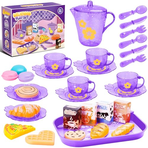 33PCS Mint Purple Pretend Play Tea Party Set for Kids Plastic Mini Kitchen Food & Dessert Toys, BPA-Free Playset Accessories with Teapot, Cups, Plates, Macarons Role Play Gift for Girls & Boys Ages 3+