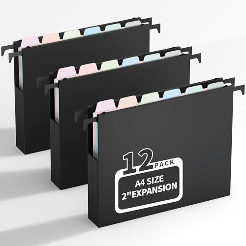 Uquelic A4 Hängeregister Mappen, 12 Stück (5 cm Erweiterung), große Kapazität Hängemappen mit Macaron-Farbe PP-Trennblättern und Reitern, Hängeordner für Schule, Zuhause, Büro, Organisation, Schwarz