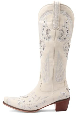 Wtharosa Stivali Western Cowboy Donna con Ricamo Floreale Argento al Ginocchio Tacco Largo Moda Casual Quotidiano Country,Bianca,41 EU