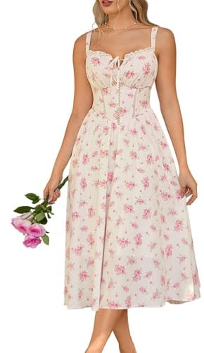 SCARLET DARKNESS Women Floral Corset Dress Summer Casual Milkmaid Sundress with Pockets Apricot Pink Floral S