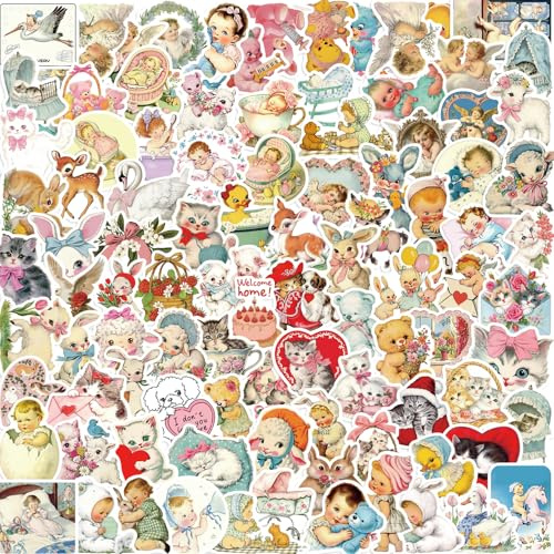 100 Stücke Ästhetische Sticker, Wasserdichte Vinyl Aufkleber für Laptop, Trinkflasche, Scrapbook - Niedliche Tier Designs (Bär, Schaf, Hase, Katze) & Rosa Coquette Ästhetik, Mädchen Sticker Geschenk