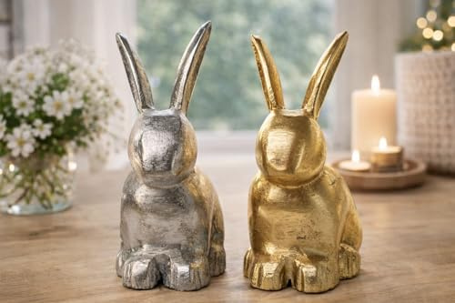 KAMACA 2er Set Dekohasen aus Aluminium in Silber & Gold – Elegante Dekofiguren – 15,5 cm – Moderne Oster- & Wohnraumdeko für Tisch, Regal & Fensterbank