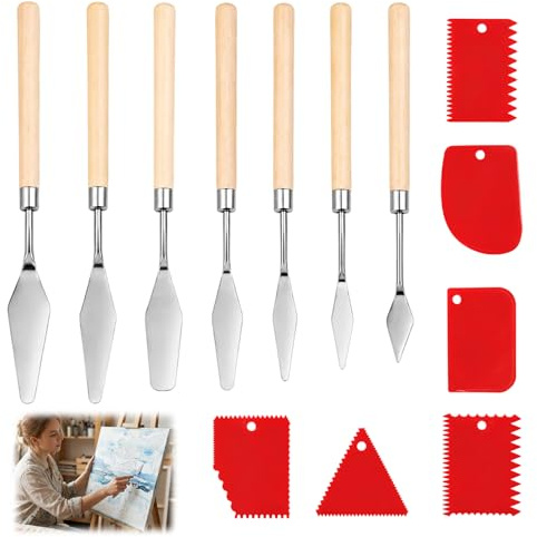 Spachtel Set, 13-teiliges Malerwerkzeug für Künstlerbedarf, Strukturpaste und Acrylmalerei, Mit 6 Kunststoffspachteln und 7 Zahnspachteln für Leinwand und Feintextur