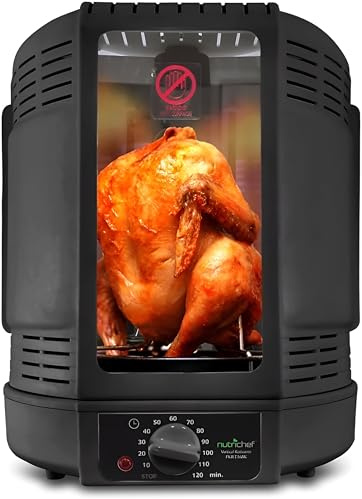 NutriChef Vertical Rotisserie Oven, Countertop Kebab Maker, 10L Shawarma Grill Machine, Chicken Spit Roaster for Perfectly Roasted Chicken, Turkey, Lamb, With Skewer, Basket & Drip Tray, Black