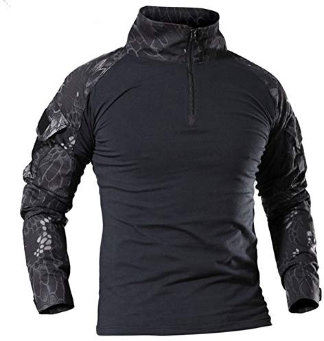 Camisa táctica militar de manga larga para hombre, transpirable, para caza, combate, camiseta de secado rápido, para exteriores, con cremallera frontal de 1/4, camuflaje, Python Negro, S