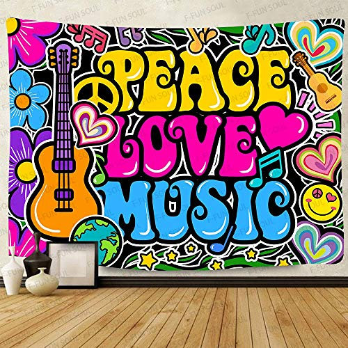 F-FUN SOUL Wandteppich, Motiv: Frieden, Liebe und Musik, groß, 203.2 x 152.4 cm, weiches Flanell, Gitarrensymbol, Taube, Blumen, psychedelische Kunst-Wandteppich, Wohnzimmer, Dekor-Banner GTZYFS1201