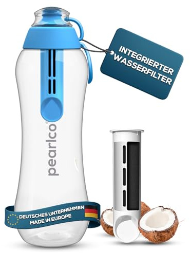perlopur Trinkflasche 'Soft' mit Filter 0,5 Liter (blau) BPA-frei! | Einfache Handhabung: Wassern filtern durch leichten Druck auf die Flasche, filtert viele Schadstoffe, für Sport, im Büro…