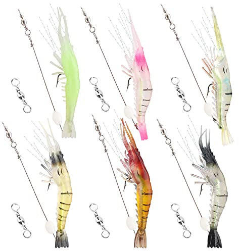 6 Stück Gefälschter Garnelenköderhaken Leuchtende Weiche Garnelenköder aus Silikon Köderset Schwimmköder Gefälschte Garnelen mit Haken Fliegenfischen Barsch Seefisch Simulation Weichen Köder(6 Farben)