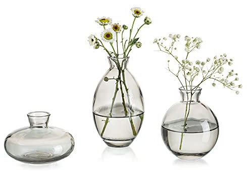 Kleine Vasen Für Tischdeko Vintage Handmade, 3 Teilig Mini Vase Glas Grau Blumenvase Modern Set Verschiedene Groessen Schlanke Hydroponic Glasvase Fuer Blumen Deko Hochzeit Tisch Wohnzimmer Couchtisch