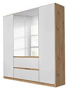 Rauch Möbel Mainz Schrank Kleiderschrank Drehtürenschrank Weiß/Eiche Artisan, Holz, 4-türig Spiegel, 2 Schubladen, Zubehörpaket Basic 3 Einlegeböden, 3 Kleiderstangen, grifflos BxHxT 181x210x54 cm