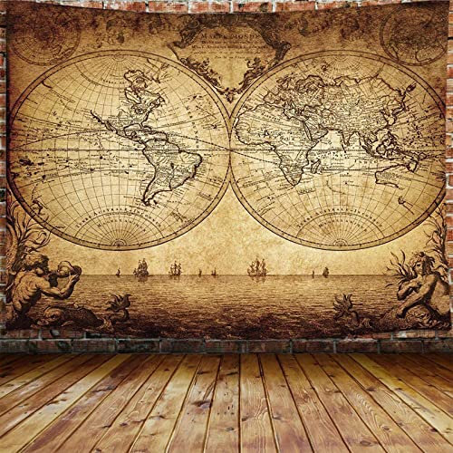 JAWO Wandteppich mit alter Weltkarte, Vintage-Wanderlust, Piratenkarte, Wandbehang für Schlafzimmer, historischer Atlas-Wandteppich, Poster, Stranddecke, College, Wohnheimdekoration (90 B x 70 H)