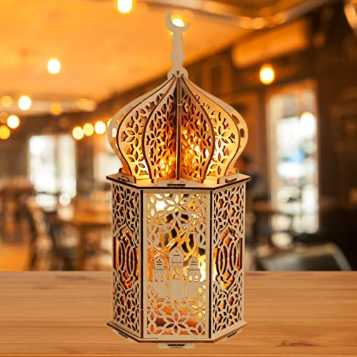 TOPJOWGA Holz Eid Mubarak Tischdekoration, Holz Ramadan Mond Nachtlicht, Ramadan, Dekoration, Ramadan Holz DIY Lampe Licht, Ramadan Dekoration Lichter, Muslimische Festival (A)