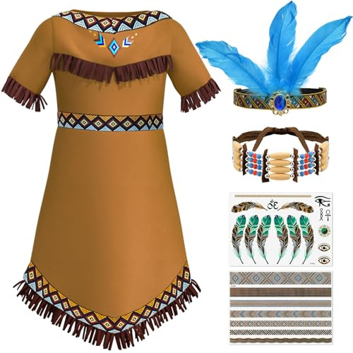 Tacobear Indianer Kostüm Kinder Mädchen mit Feder Stirnband Choker Halskette Tattoo Indianer Kleid für Karneval Fasching Halloween Weihnachten Party Cosplay