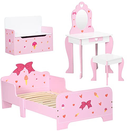 ZONEKIZ 4PCs Kids Bedroom Furniture Set with Bed, Toy Box Bench, Dressing Table and Stool, Princess Themed, for 3-6 Years Old, Pink