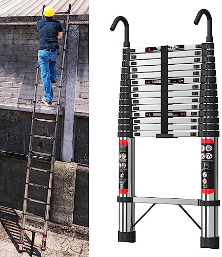 Loft Ausziehleiter mit Haken, 4,4 m, Edelstahl, Teleskopleiter für den Außenbereich, Wohnmobil, strapazierfähig, 150 kg Kapazität, EN131-geprüft