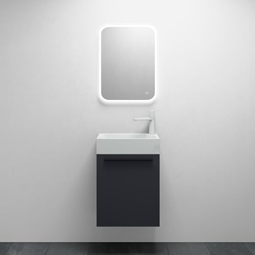 Mai & Mai Badmöbelset Pisa Kleiner Waschbeckenunterschrank 46 cm, Unterschrank in Anthrazit matt, mit Waschschbecken aus Mineralguss und Spiegel für Gäste-WC