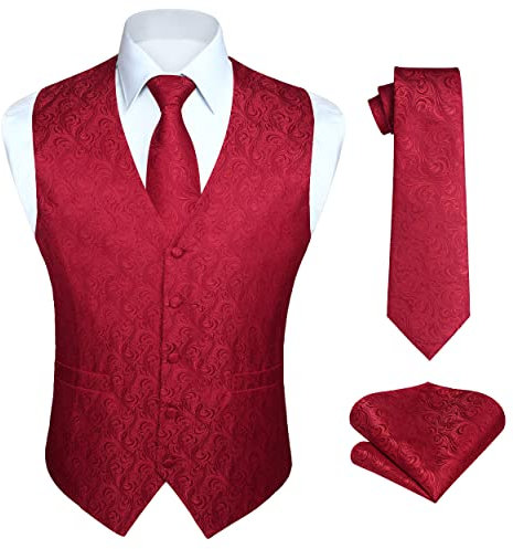 HISDERN Anzug Weste für Herren Paisley Jacquard Floral Hochzeit Party Rot Westen Krawatte Einstecktuch Taschentuch AnzugWesten Set XL