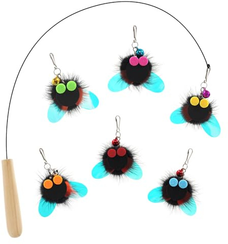 SONGWAY Cat Teaser Wand Toy - 7 Pcs Interactive Cat Toys Set with Steel Wire Wand and 6 Insect Shaped Furry Toy Refills for Indoor Cats Kittens Exercise Playing