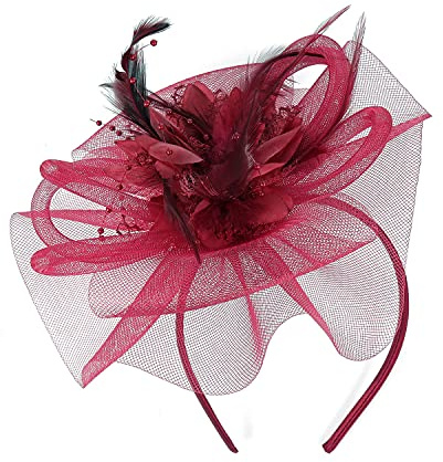 LJRPUPY Fascinator-Hut mit Blumen-Derby, Teeparty, Kopfschmuck, Kirche, Kopfbedeckung, Hochzeit, Abschlussball, Fascinator für Damen, Weinrot, 7 1/4