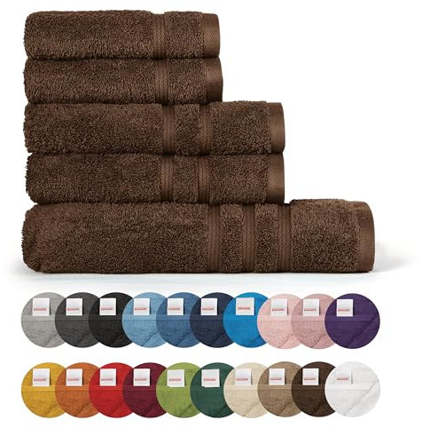 Bassetti Morbido Asciugamano Asciugamani 480 gr 100% Cotone Set da 5 pz (2 da 58x105 cm + 2 da 38x55 cm + 1 da 70X140 cm) - Collezione MONIQUE - CIOCCOLATO M4