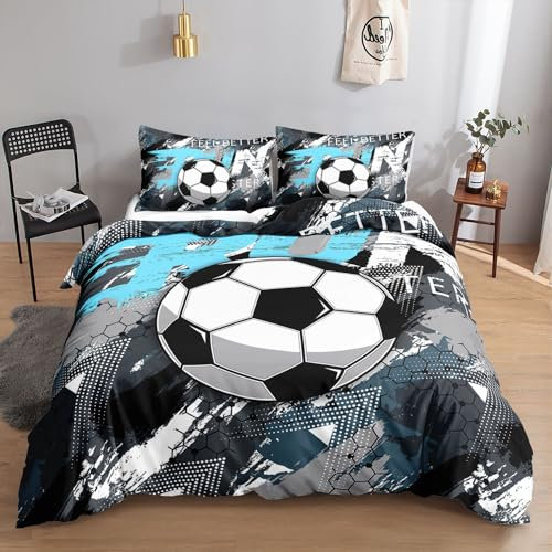 HOSIMA Fußball-Bettwäsche-Set für Jungen und Mädchen, Trendiger, Cooler Graffiti-Cartoon-Fußball-Druck, Bettbezug mit 2 Kissenbezügen (Graffiti-Fußball1 M)