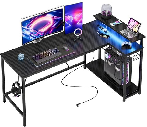 Bestier 147CM L Shaped Gaming Desk con luci LED e prese di corrente, scrivania ad angolo reversibile per l'ufficio domestico con ripiani, postazione PC più grande con ganci per lo studio, Nero