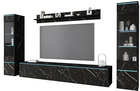 MINIO go for it - Wohnwand 4-Teilig Set Veve 2 I Hängend oder Stehend I 2X Hochschrank-Vitrine I Lowboard Wandboard I Laminierte Spannplatte I San Sebastian - ohne Beleuchtung