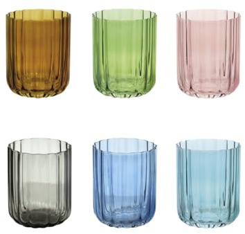 Brandani 51376 BICCHIERE CALLIOPE SET 6 PZ COLORI ASSORTITI VETRO, cm d 8x10h, 450ml, ambra, verde, rosa, grigio, blu, azzurro, capienti e maneggevoli, colorati, moderni, sorprendente forma ondulata!