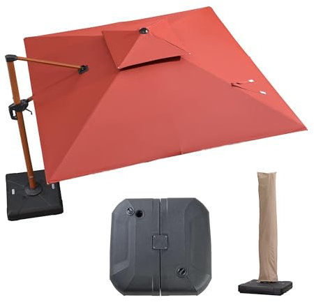 PURPLE LEAF Parasol Déporté 3,3 x 3,3 m Carré avec pieds, Aspect du Teck en Aluminium, Parasol de Jardin Extérieur à Toit Double Rotatif 360°, Pour Terrasses, Piscines, Rouge cardinal