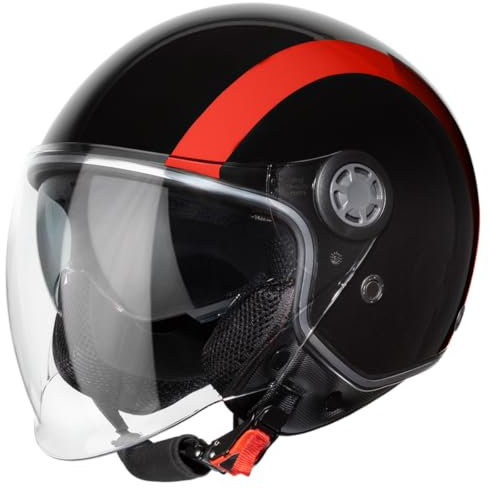 VINZ Jungbu Jethelm mit Doppelvisier | Roller Helm Fashionhelm mit Streifen | In Gr. XS-XXL | Jet Helm mit Sonnenblende | ECE 22.06 Zertifiziert | Motorradhelm mit Visier - Rot