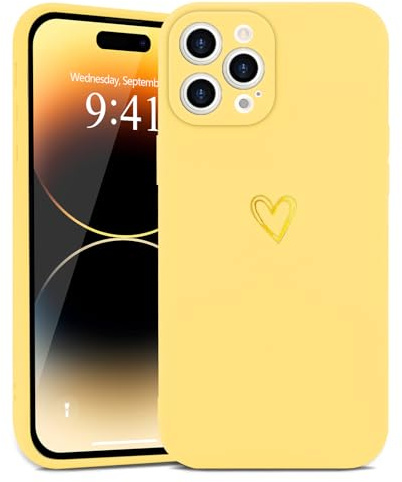 Wirvyuer for iPhone 14 Pro Cute Heart Case for Women, Yellow | Skin-feel Soft Silicone, Love-Heart Pattern Design Phone Case, Shockproof Protective Slim TPU Bumper Cover for Girls