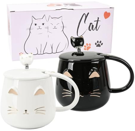 pobuu Lot de 2 Tasses de Chat en Céramique avec couvercle et cuillère,Nouveauté Morning Cup Tasses à café Pour Saint Valentin, les amoureux des chats Femmes,Cadeau de Noël ou d'anniversaire 400ml