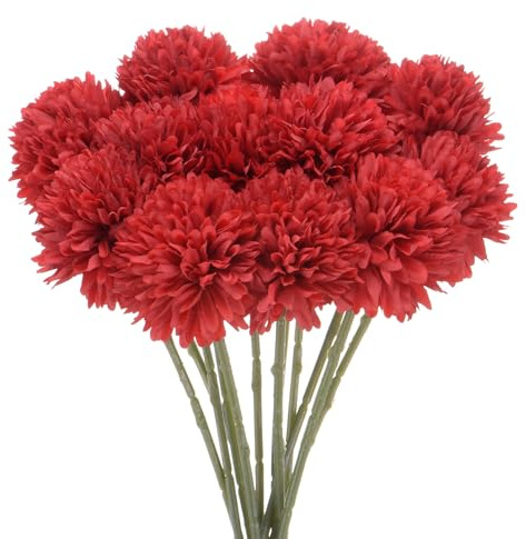 M METERXITY 12er-Pack künstliche Chrysanthemenball-Blumen, 11 Zoll Faux-Hortensien-Seidensträuße Real Touch Faux-Blumen für Zuhause/Weihnachten [Leuchtendes Rot]