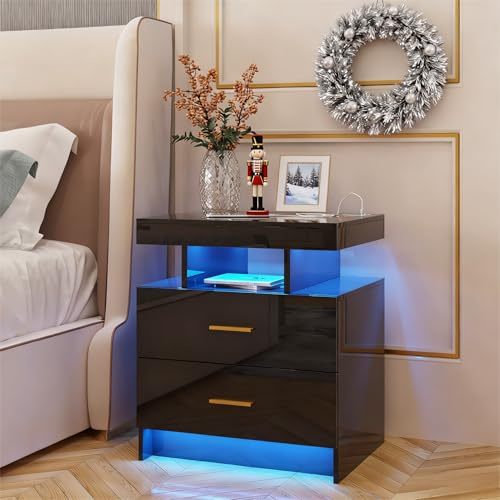 Gurexl LED Bedside Table with Wireless Charging Station, Black Modern Bedroom & Living Room Night Stand with 2 Drawers