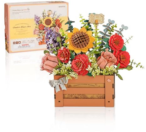 ROWOOD Puzzle 3D Ramo de Flores de Madera con Caja de Cerca, Kit de Modelado de Flores Artificiales, Kit de Manualidades para Adultos, decoración del hogar