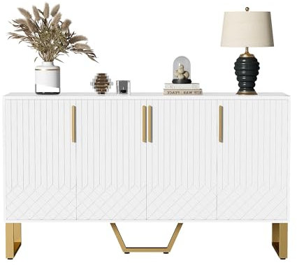 hrijusdif Hochglanz-Sideboard mit 4 Türen, Metallgriffe und -Beine, geometrisches Design, Weiß, 140L*40B*80H