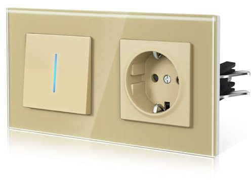 BSEED Lichtschalter mit Steckdose aus Glas, Unterputz Schalter Hintergrundlicht mit Krallen, Wechselschlter NEU E-Serie,1 Fach 2 Wege,Gold 157mm