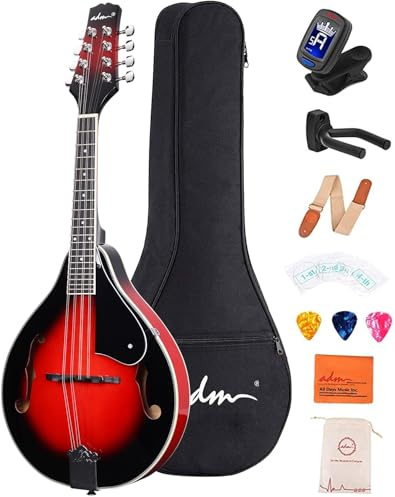 ADM Acoustic Mandolin Instrument Kit Music A Style for Kids Students Adults Wood Mandolins Beginner Set With Bag, Tuner, EQ, Strap, Strings, Picks and Hanger, Red
