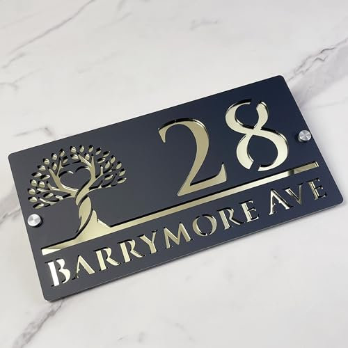 Personalised House Sign – Modern Font Custom Acrylic Address Plaque – Laser Cut Door Number Sign – Weatherproof Outdoor Name Plate for Home, Gate or Wall (Matte black & gold mirror)