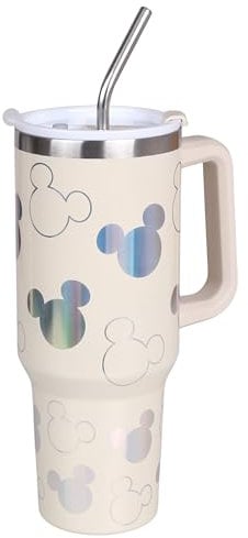 Disney Mickey Mouse Taza TÉRMICA con pajita metálica, boquilla, ACERO INOXIDABLE, para coche, BEIGE, HOLOGRÁFICO 1,18l (A)