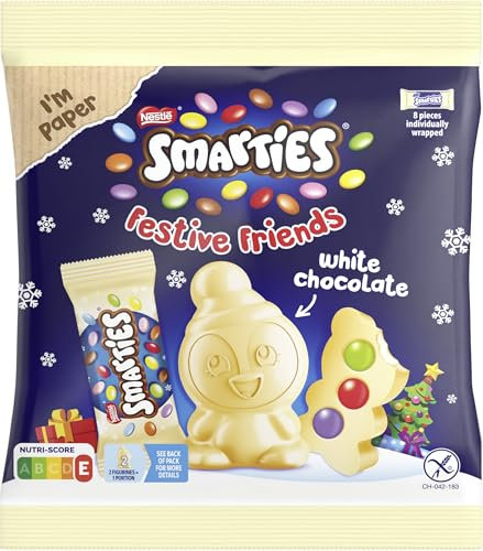 Nestlé SMARTIES Festive Friends White, Weihnachtsfiguren mit weißer Schokolade, kleines Geschenk zu Weihnachten mit bunten SMARTIES Mini gefüllt, 1er Pack (1 x 65g)