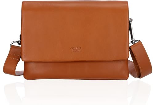 Corno d´Oro Handmade Handtasche Damen Mittelgroß aus Leder I Premium Crossbody Bag mit vielen Fächern und breitem Schultergurt I Ledertasche Cognac Elegant Kimberly