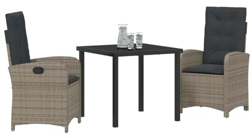 vidaXL Garten Essgruppe 3 pcs Grau Poly-Rattan, Garten und Terrasse, modernes Esszimmer-Set, strapazierfähige Rattan-Sitze, Glastisch, stylische Außenmöbel