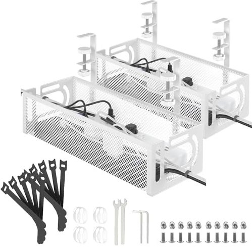 Kabelmanagement Unter dem Schreibtisch – Ohne Bohren, Erweiterbar, Kabelkanal Organizer für Schreibtisch, Tisch Kabelhalter, Flexibel, Aus hochwertigem Stahl - 2 Pack - Weiß