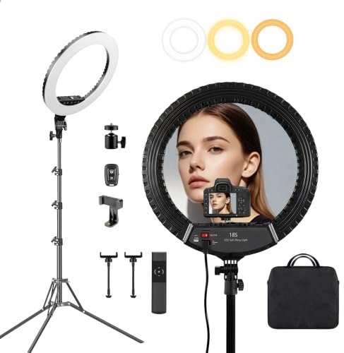 18 Inch LED Ring Light Kit with Tripod,CRI≥95, 3000K-6000K Adjustable Brightness & Color Temp, Includes Phone Holder & Remote for Live Streaming, YouTube, TikTok, Photography, Makeup