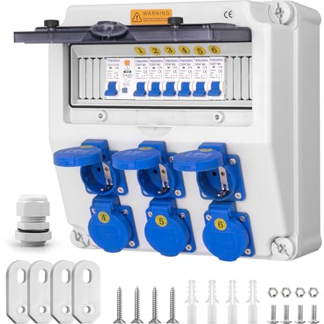 TRWUDRFA Baustromverteiler - IP65 Wasserdicht Stromverteiler mit Leitungsschutzschalter - Wandverteiler mit IP54 250V/16A Steckdose - Starkstrom verteiler für Außenbereich Baustrom