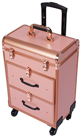 3 Layer Makeup Rolling Train Box, Professional Beauty Trolley on Wheels, Large Cosmetic Trolley with 3 Drawers & Locks, Cosmetic Storage Organiser for Travel, Gift for Mothering Sunday (Rose Gold)