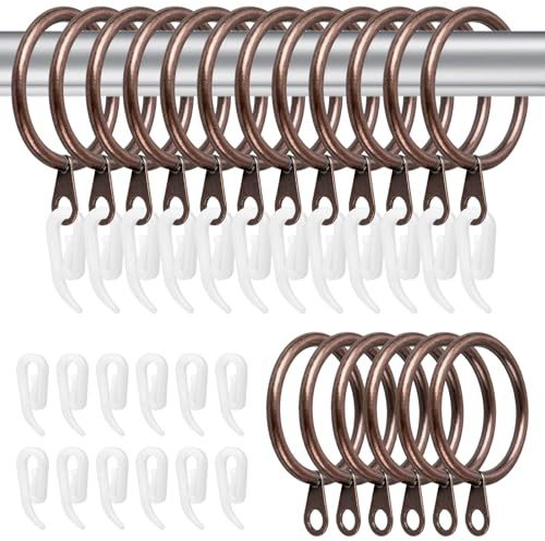 50 Pack Curtain Rings and Hooks, 30mm Metal Drapery Hanging Rings & 50pcs Curtain Hooks Plastic White for Curtains and Rods, Drape Sliding Eyelet Rings(Red Copper, 50 Pack)
